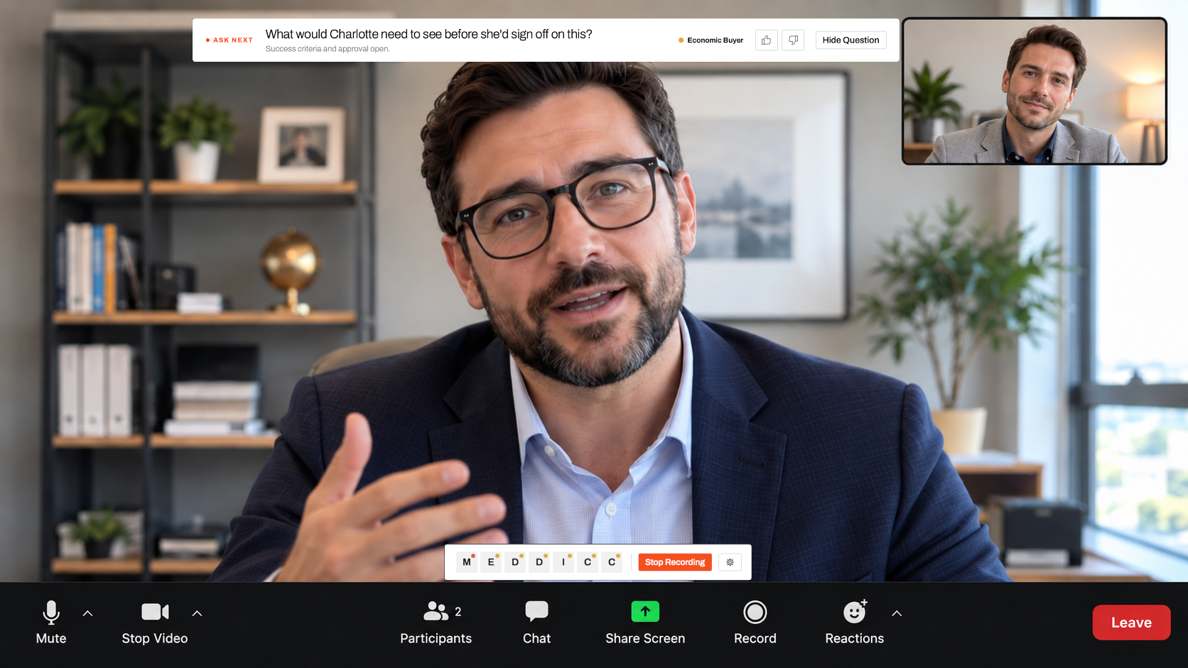 Akana suggesting the next question to ask during a Zoom discovery call, with playbook coverage shown along the bottom